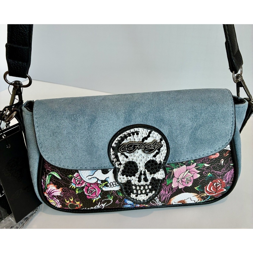 Ed Hardy Blue Suede/Black Small Shoulder Bag ~ Skull~ Floral~Rhinestones